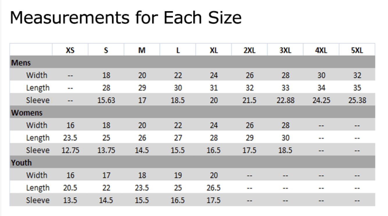 size chart for 2021 DCBA shirts